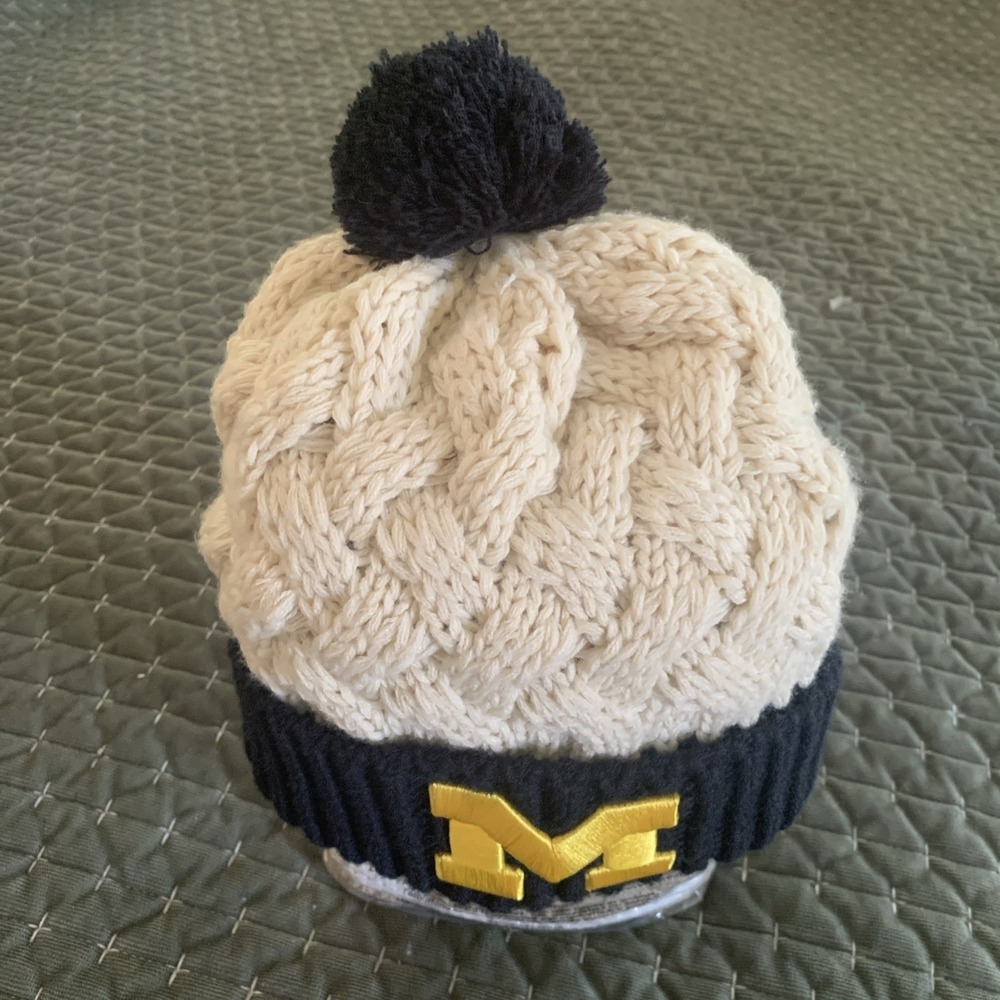 Michigan Wolverines Womens Hat Cable Knit Cap pom Stitched. Navy blue & Beige
